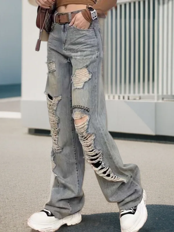 

Loose Wide Leg Blue Jeans Women's Summer High Waist Loose Drapey Straight Long Pants Torn Hole Commute Sle Casual Denim