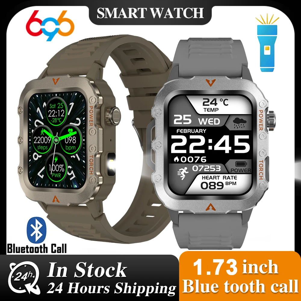 

Outdoor Flashlight Smart Watches Waterproof Blue Tooth Call Smartwatch Men Heart Rate Health Monitoring Multi Sport Modes
