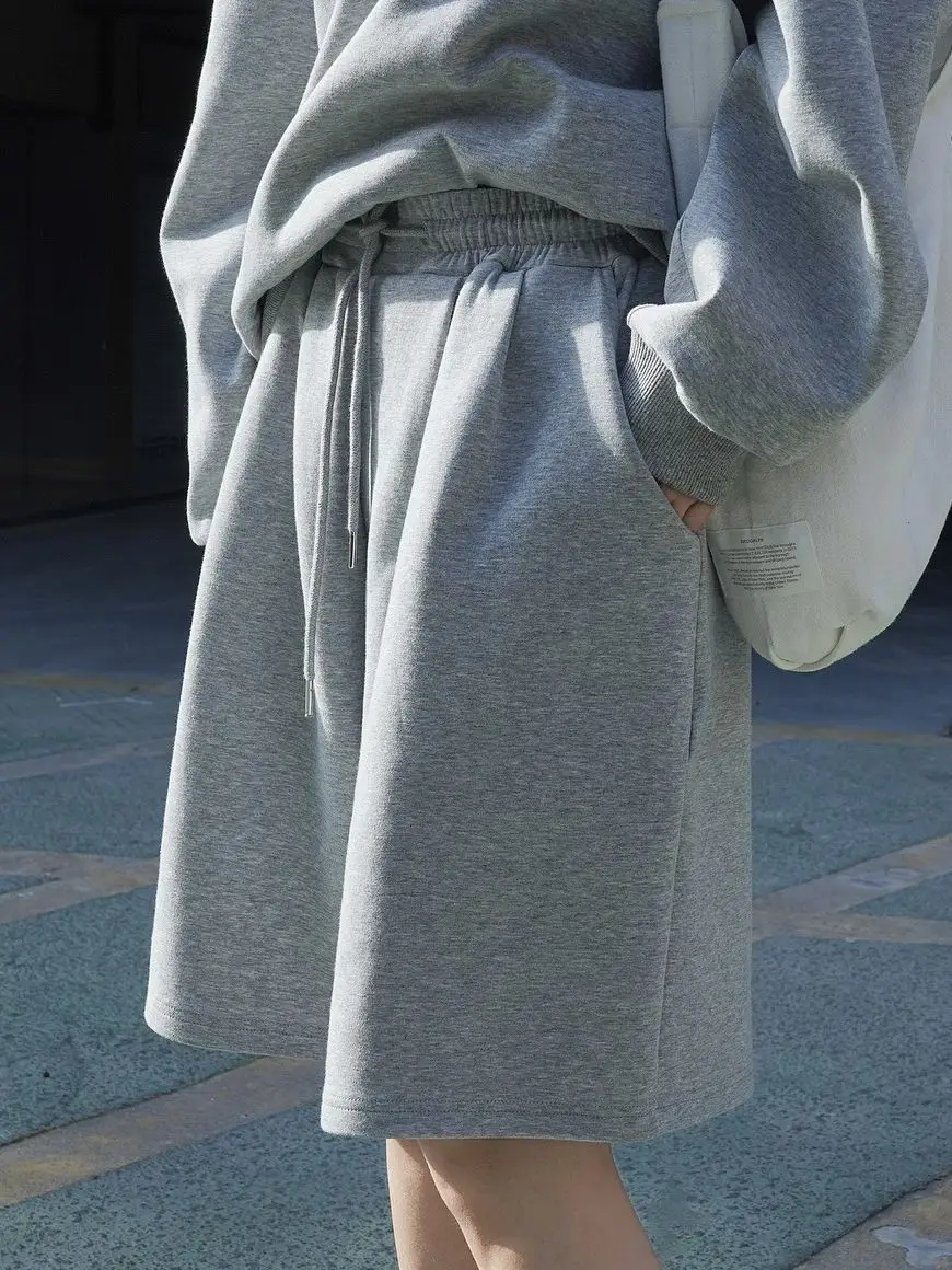 

Woman Casual Sports Shorts 2023 Fashion Korean Spring Autumn Apricot/Grey High Waist Elastic Loose Middle Pants for Women
