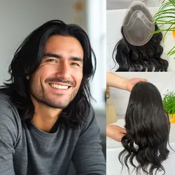 12'' Long Toupee for Men 10x8'' European Virgin Human Hair Replacement Systems Men's Hairpiece Mono Lace Top Loose Wave Men Wigs