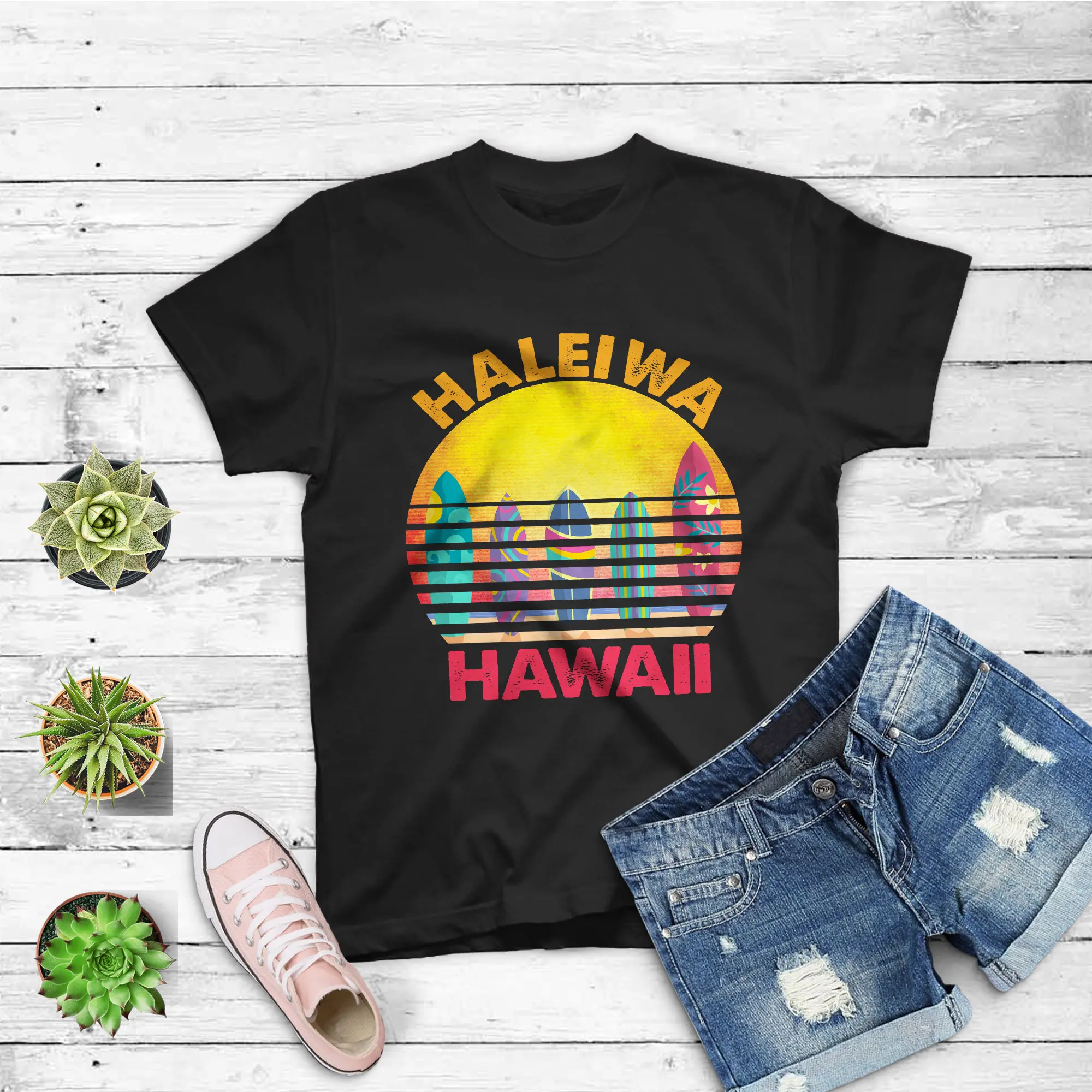 Haleiwa Hawaii Retro Surf Board T Shirt