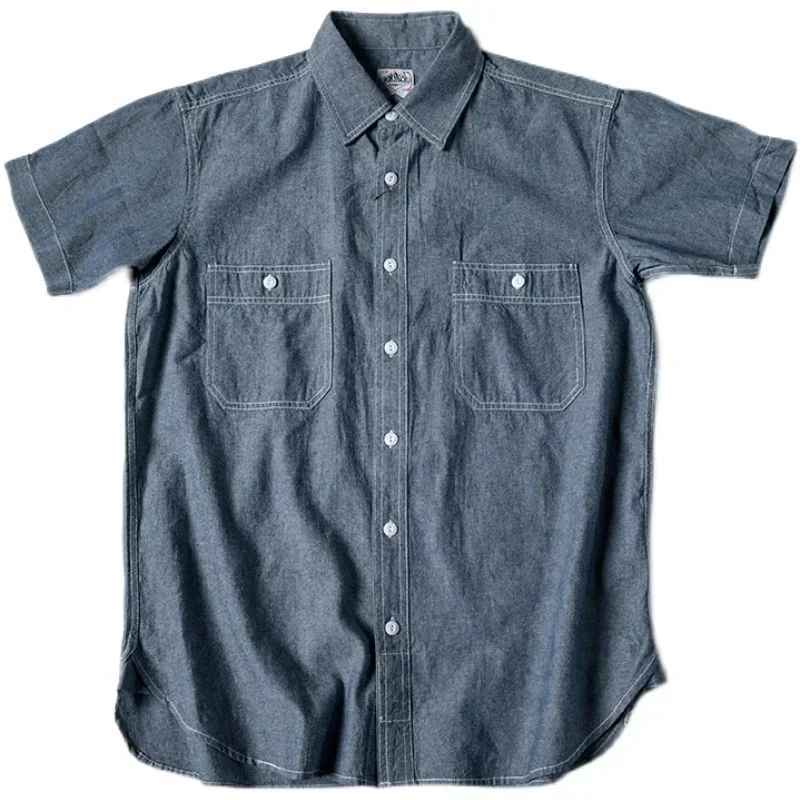 NON STOCK Summer Chambray Short Sleeve Shirt Light Blue Men's Casual Work