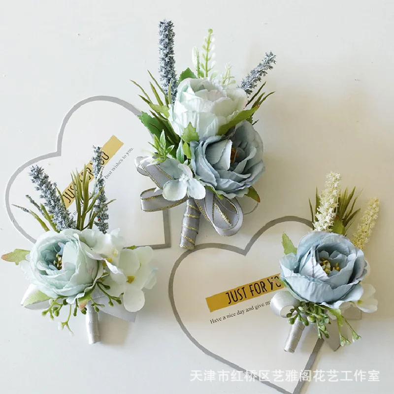 Boutonniere y ramillete de muñeca para Celebración de negocios, suministros de boda, Rosa simulada gris y azul, 287