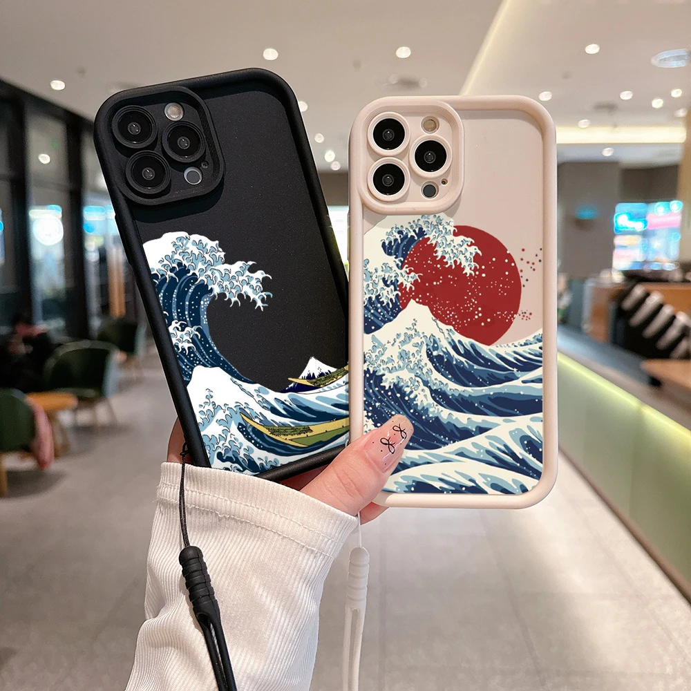 

Fashion Red Sun Sea Waves INS Phone Case for Samsung S24 S23 S22 S21 20 FE Plus Ultra 5G Soft Silicone TPU Cover with Hand Strap