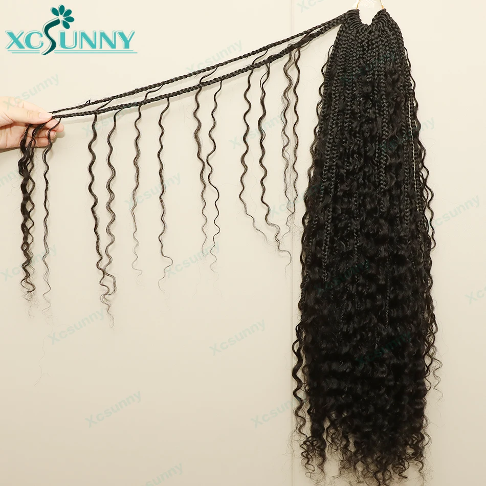 Crochet Boho Box Braids With Human Hair Curls Synthetic Braiding Hair 30 inch Pre-looped Box Braids with Curly Ends