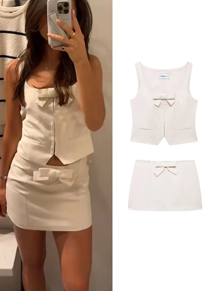 TRAF Two Pieces Women Bow Vest Skirt Suit 2024 Fashion Square Collar Sleeveless Tops Size Zipper Mini Skirt Sets Causal Outfit