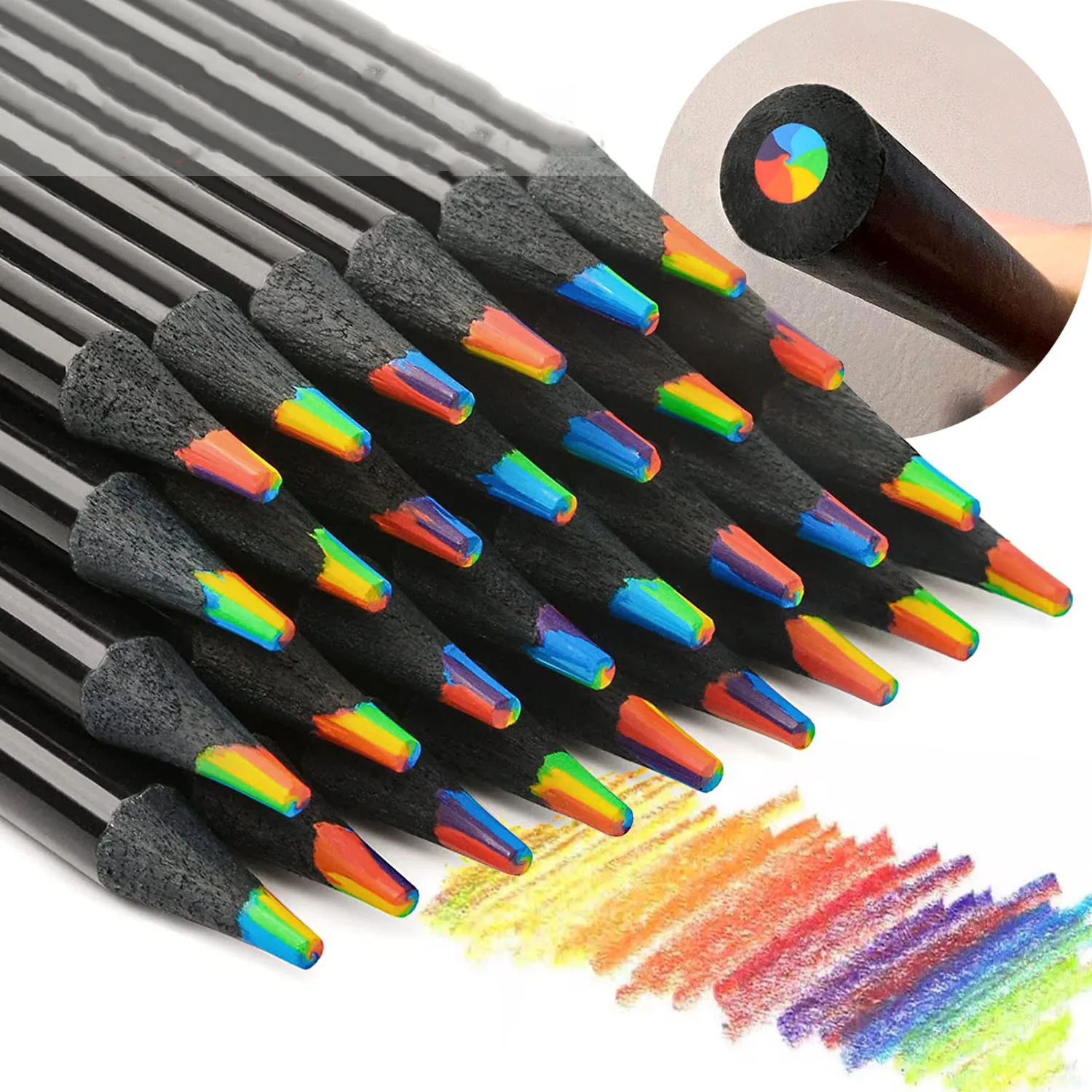 12pcs Colorful Black Wooden Pencils, 7 in 1 Rainbow Colors. Good for Sketching, Doodling, Drawing