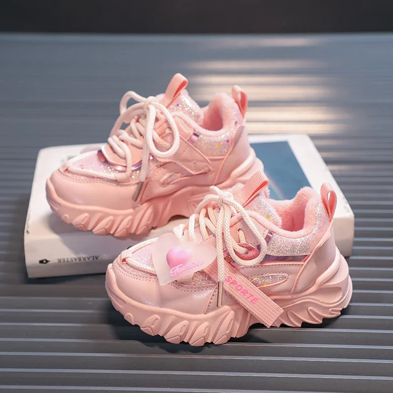 PU 2023 Winter New Sport Shoes for Kids Girls Cute Princess Non-slip Light Children Fashion Casual Sneakers Solid Color Shiny