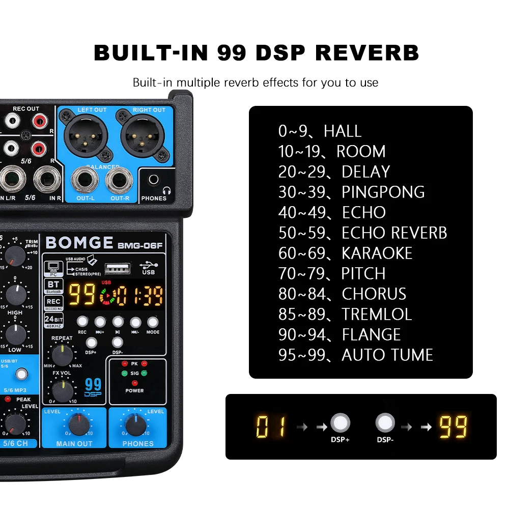 BOMGE 6 Channel 99 DSP Mini DJ Audio Sound Mixer Interface with MP3 USB Bluetooth Stereo Recording 48V Phantom Power for Karaoke