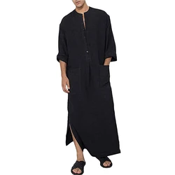 Cotton & Linen Blend Men's Muslim Dresses Long Sleeve Solid Henley Shirts With Pocket Kaftan Islamic Arabic Long Gown Thobe Robe