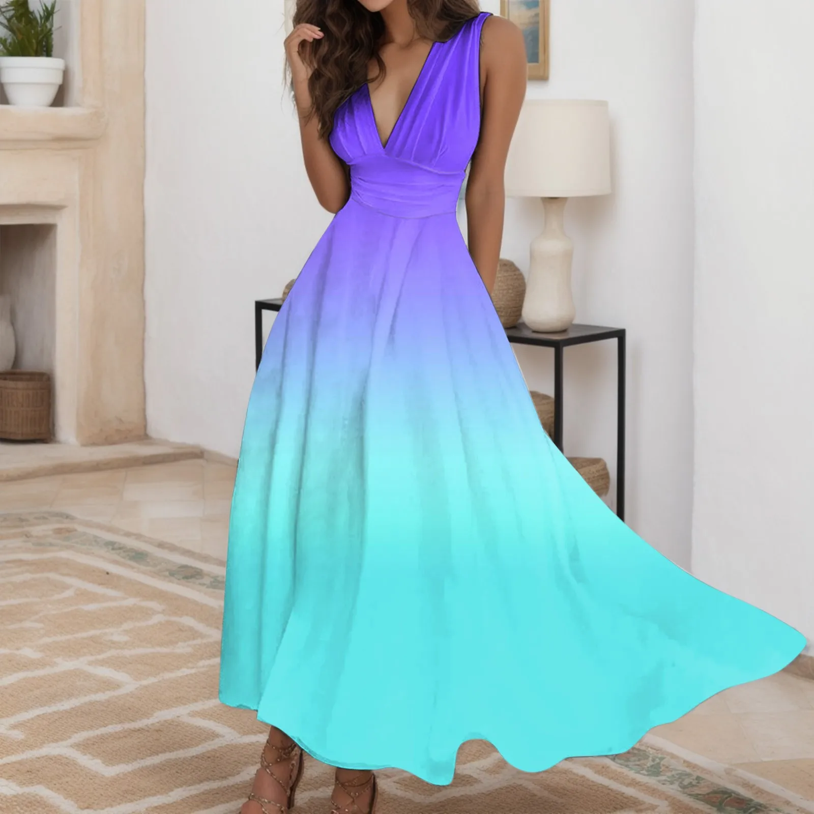 

Spring Summer Elegant Party Long Dress For Women Sexy Deep V Neck Sleeveless Slim Solid Casual Boho Maxi Gradient Female Dress