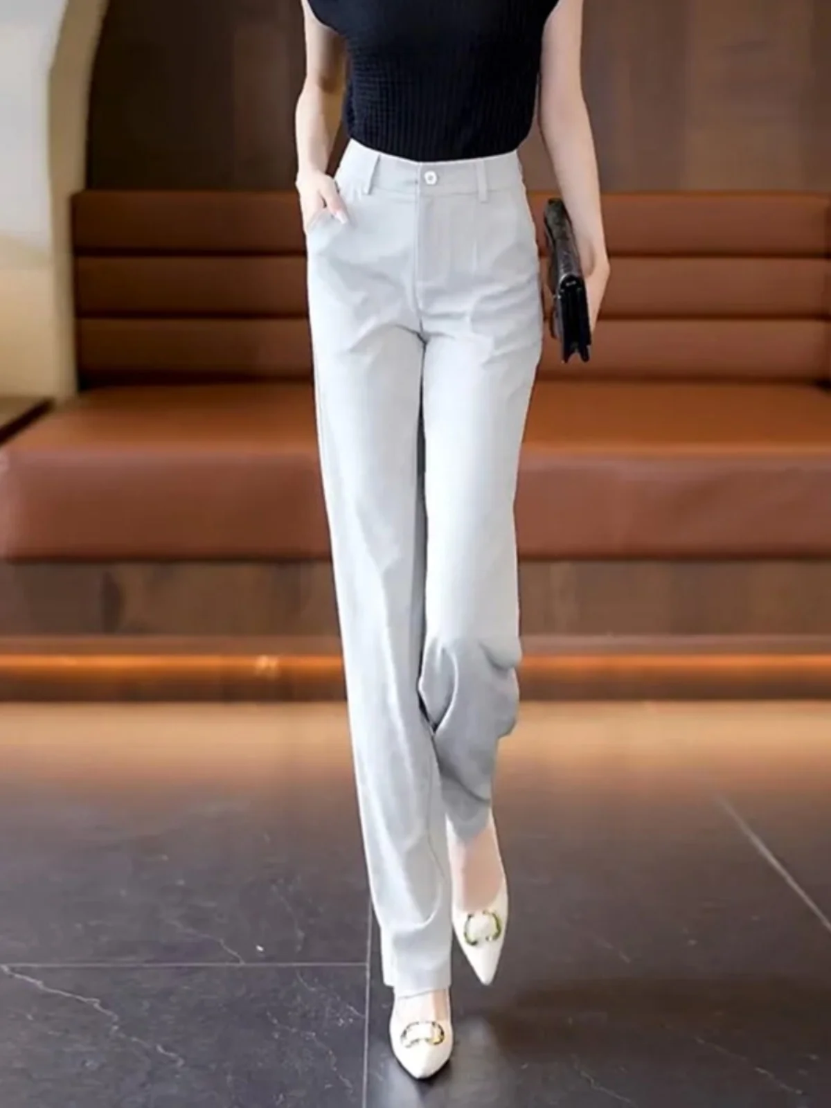 Summer Ice Sensation Thin High Waist Narrow Wide Leg Pants Drapey Loose Nine Crop Ice Silk Straight Casual Pants Women