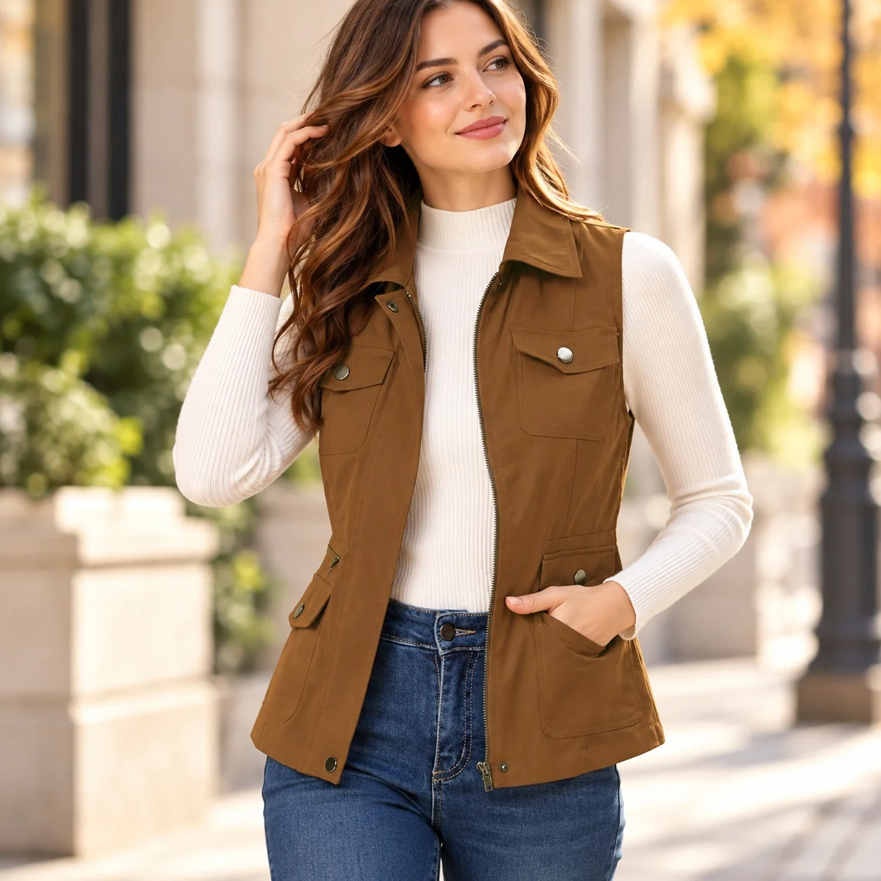 Zipper Open Front Coat with Notched Lapel Regular Fit Elegant Style Commuter Style Elegant Commuter Zipper Vest Women Vest