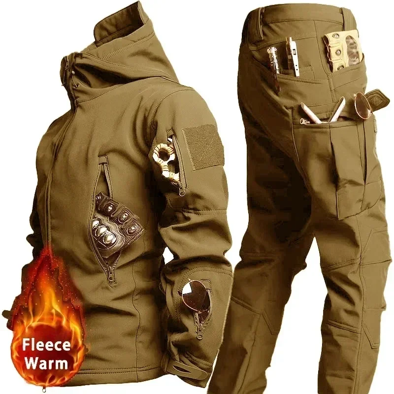 Winter Shark Skin Fleece Thickened Warm Men\'s 2-piece Set Multi Pocket Zipper Hooded Jacket Outdoors Military Tactical Pants