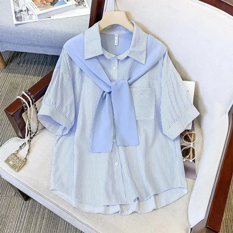 Plus Size Women 300Lbs Striped Fake Two Piece Shirt Detachable Shawl Polo Collar Short Sleeve Summer Casual Blouse