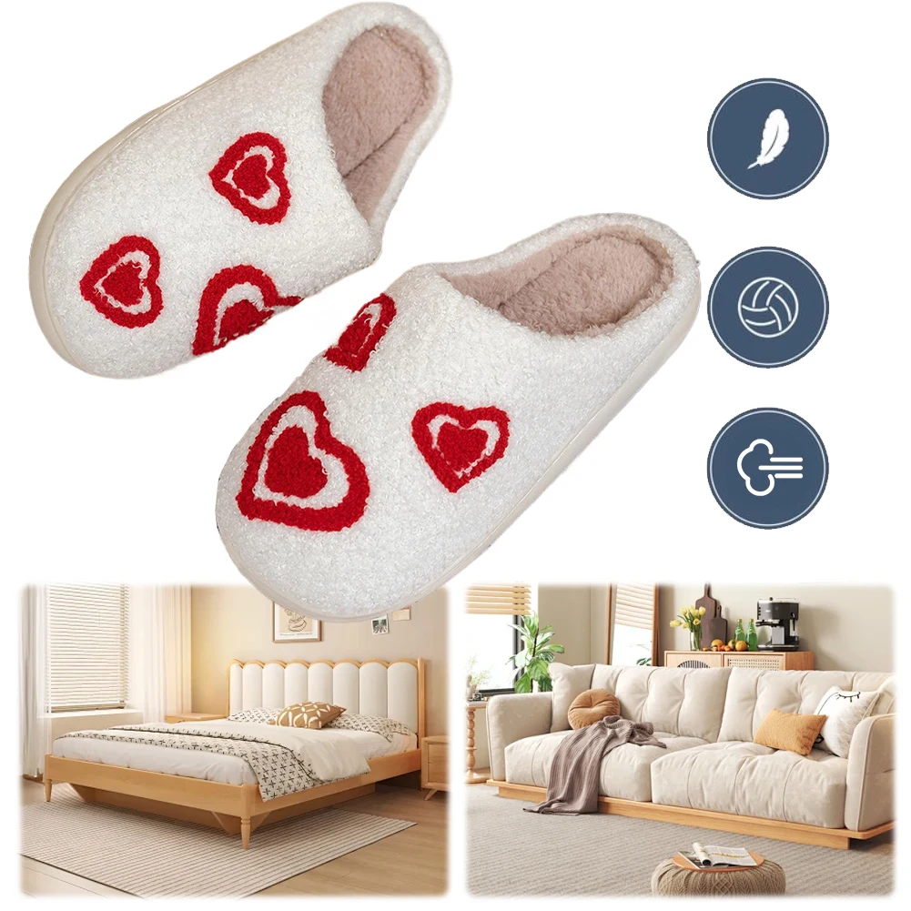 

Plush Heart Slippers Flat Thermal Slippers Comfortable Fluffy Love Slippers Breathable Furry Couple Slippers for Valentines Day