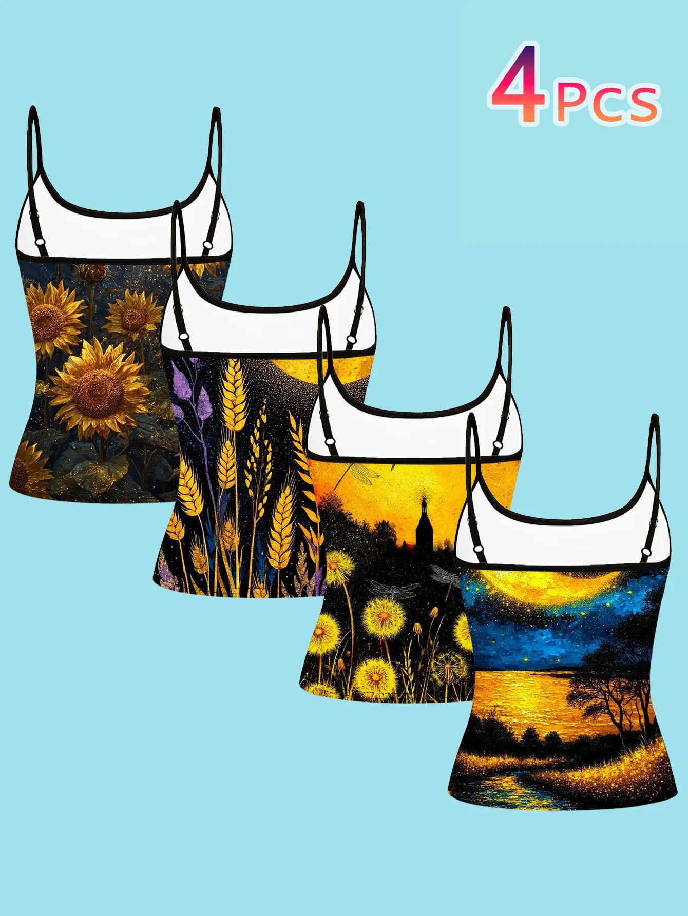 4-Piece Set of Women's Spaghetti Strap Camisoles with Vintage Gold Dandelion, Dragonfly, Moonlit Night, and Starry Sky Art Illustration Print, Slim-Fit Sleeveless Tops