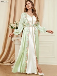 Siskakia-conjunto Abaya de satén para mujer, vestido largo musulmán elegante, cinta sólida de Dubái, manga de linterna, cuello en V, 2 piezas