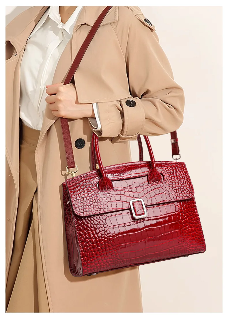 Große Kapazität Damen-Handtasche aus Kuhleder Glänzendes Kroko-Muster Klapptasche Abnehmbarer Riemen Crossbody Geschäftstasche – Detail 2