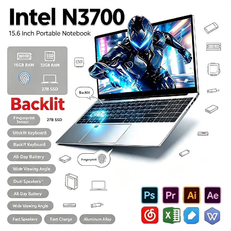 Intel N3700 15.6 Inch Laptop 4C 4T 1.6GHz Base 2.4GHz Turbo 16GB RAM 2TB SSD Ultra Slim Gaming Pro High Performance Unit