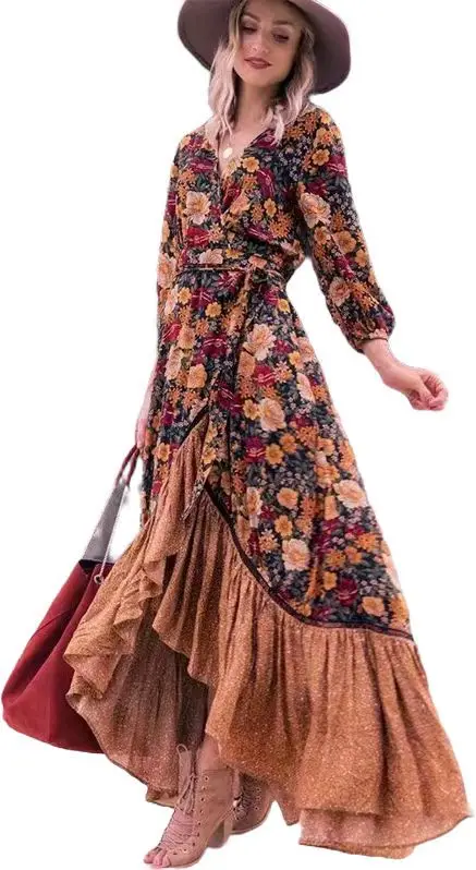 Vestiti Autunnali Donna In Dress V-neck Long-sleeved Hem Pleated Retro Print Vacation Versatile Ropa Mujer Kleider Damen Herbst