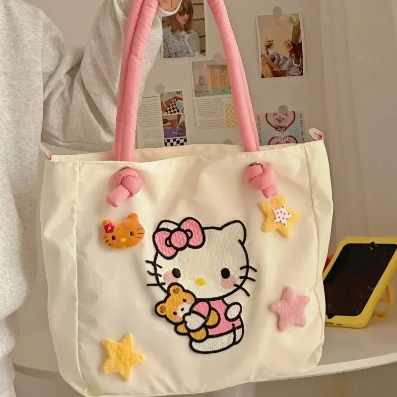 Cute hello kitty Embroidered Canvas Bag Girls Large Capacity Portable Outgoing Shopping Bag Handheld Shoulder Bag Commuter Versa