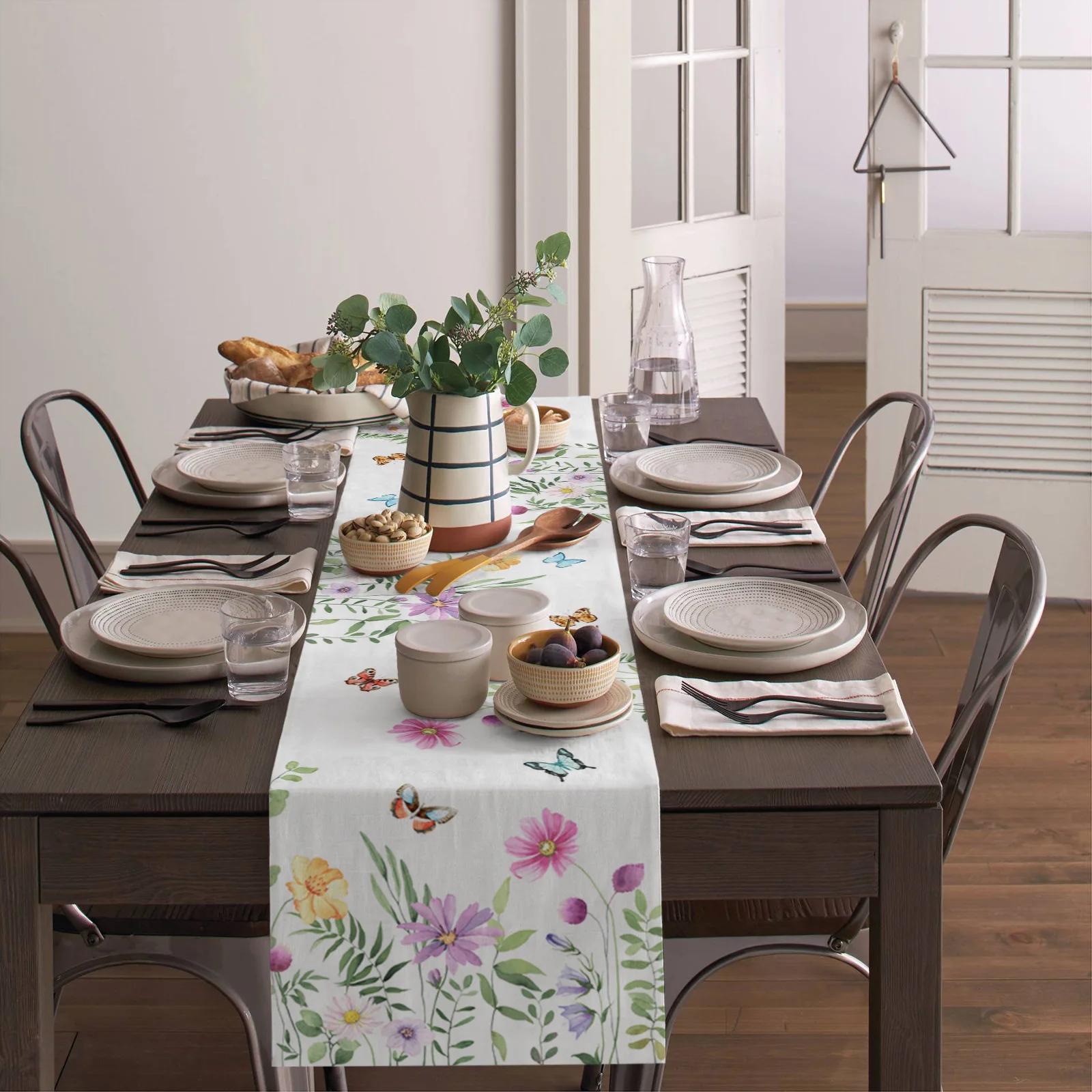 Camino de mesa de flores y mariposas, mantel de lino y algodón, cubierta de lujo para cocina y cena, decoración de fiesta de boda, Primavera