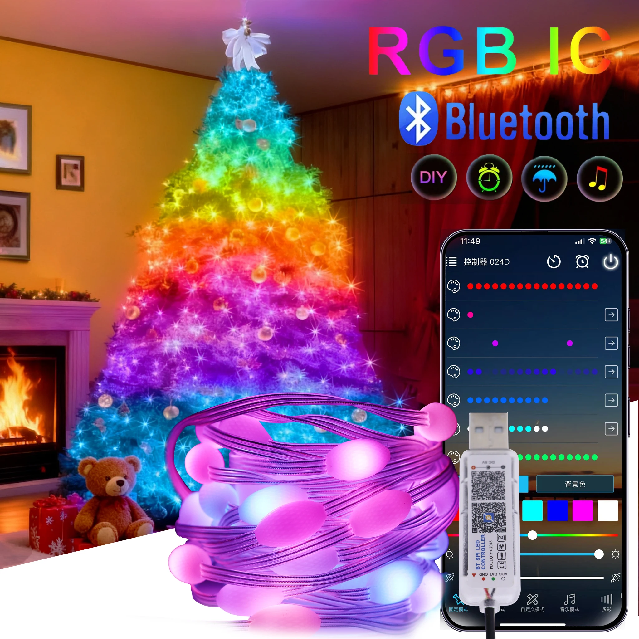 WS2812 LED Smart RGB USB Christmas String Lights Bluetooth Remote Music Sync Waterproof for Indoor Outdoor Room Decoration Light