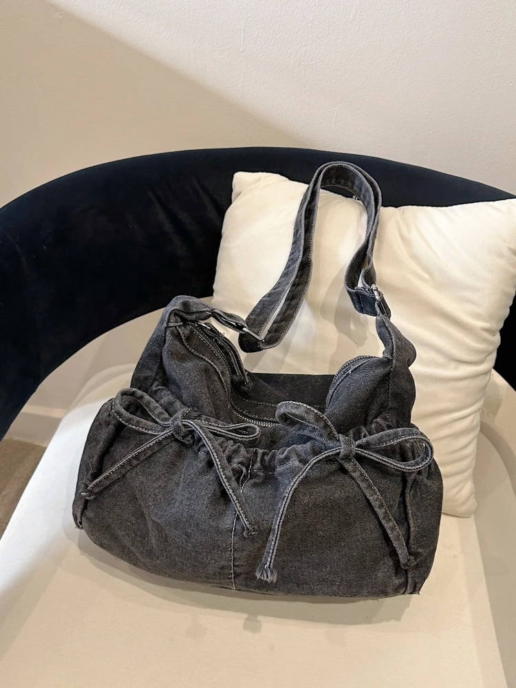 Retro Sweet  Knot Women's Denim Underarm Bag Large Capacity Casual Single Shoulder Slant Cross Bag New 2026