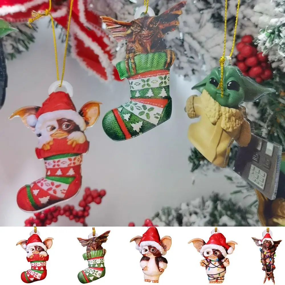 Socks Dog Gremlins Santa Hat Funny Puppy Acrylic Chrismtas Tree Pendants Hanging Flying Dragon Gremlins Gizmo Holiday