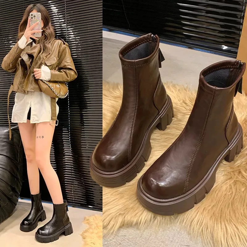 

Short boots 2026 round toe mid heel zipper fashionable versatile British style women's boots