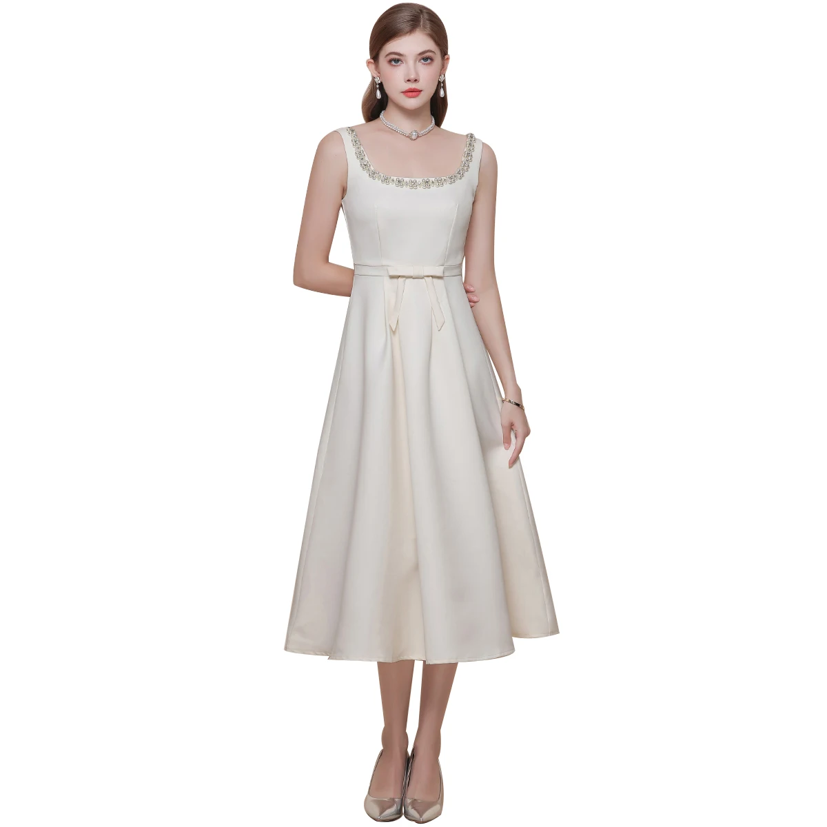 ชุดเดรสสำหรับผู้หญิง ใหม่ สง่างาม แขนกุด คอทรงโอ ชุดเดรสผู้หญิงทรงเข้ารูป ประดับลูกปัด โบว์ ทรงเอไลน์ ชุดเดรสผู้หญิง ชุดเดรสฤดูร้อนสำหรับผู้หญิง Q1929