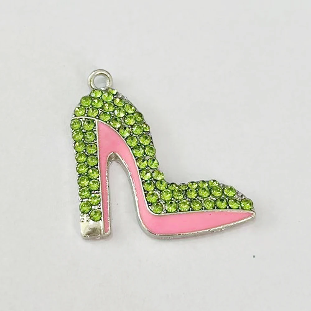 10Pcs Pink and Green Rhinestone Hihg-Heeled Shoes Charm Sorority Jewelry Bracelet Necklace Accessories