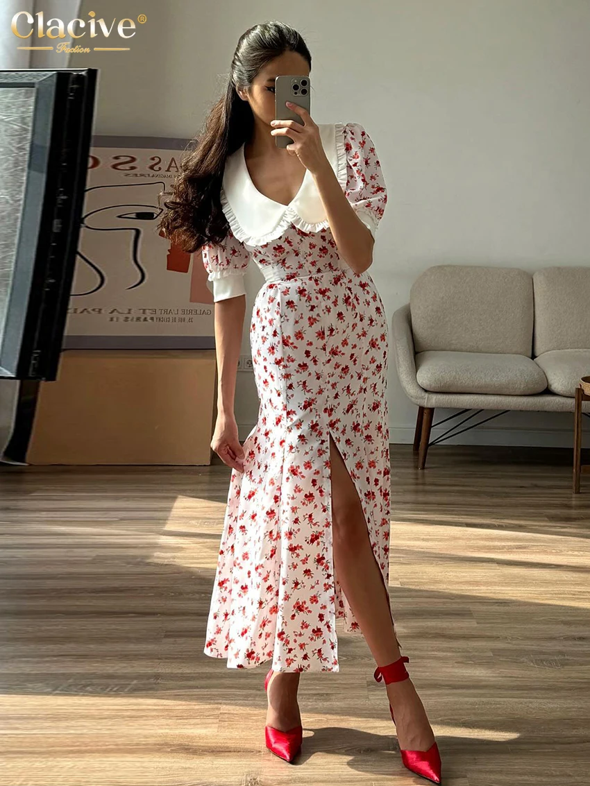 Clacive Fashion Slim Print Women\'s Dress Summer Lapel Short Sleeve Ankle Length Dresses Elegant High Waist Slit Female Dress