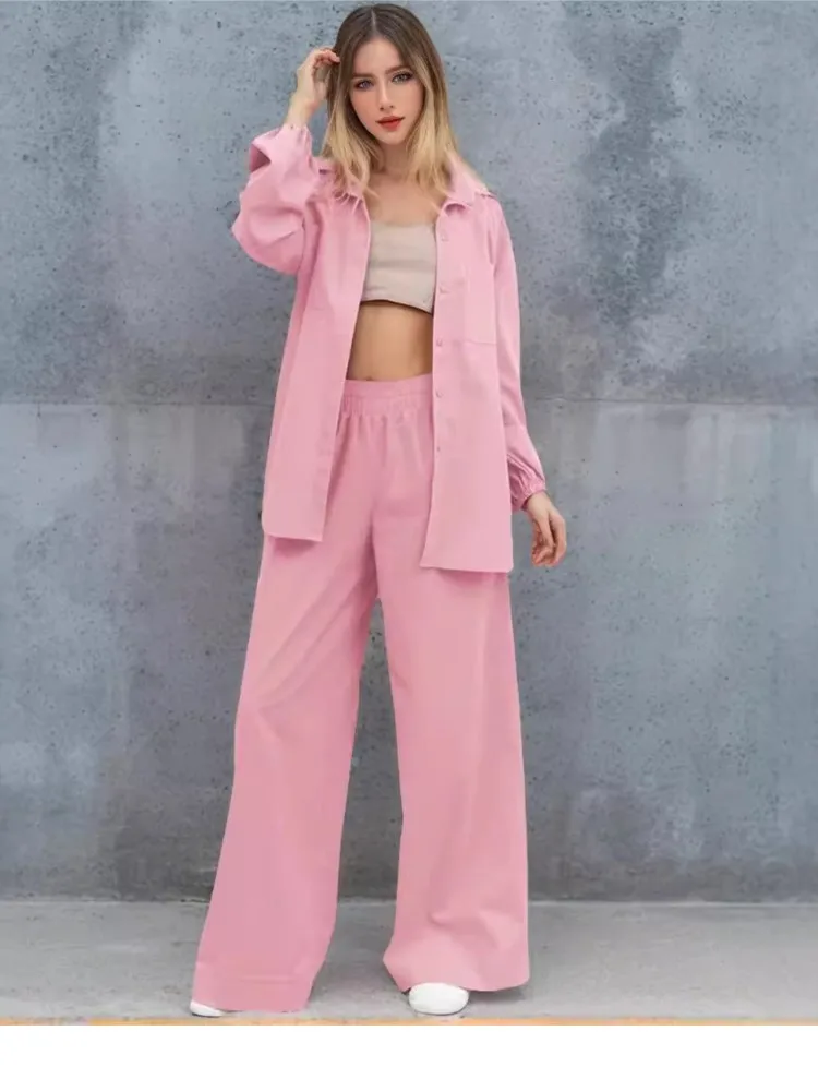 

Autumn Women Set Fashion Two Piece Set Casual Solid Color Long Sleeves Shirt And Loose Wide Legs Trousers Set Commuting Outfits