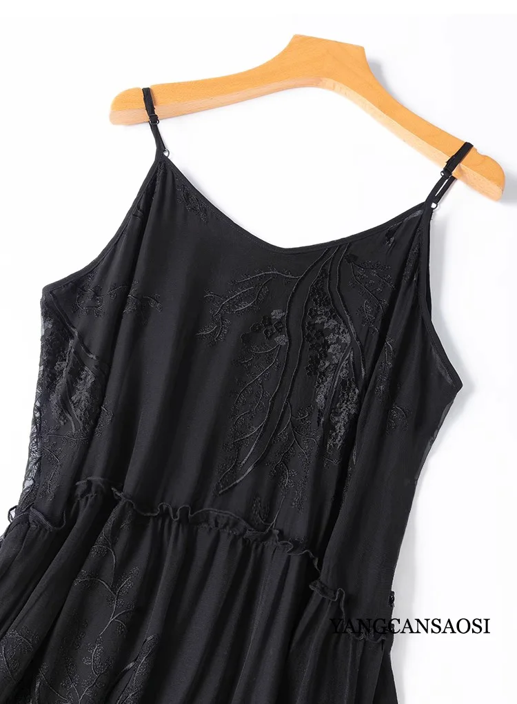 Heavy Industry Embroidery Art Style Black 100% Natural Mulberry Silk Georgette Adjustable Shoulder Straps Seaside Leisure Dress