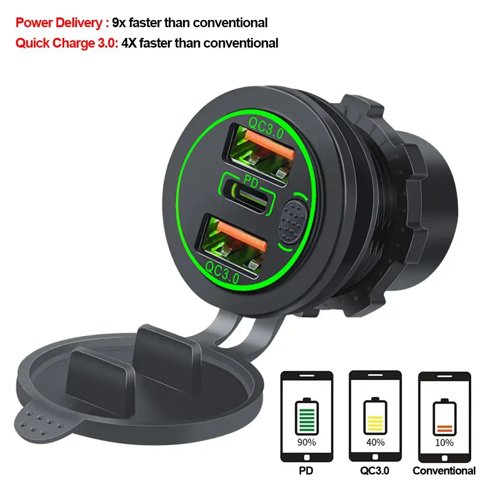 100W Dual QC 3.0 USB PD Type C Three Outlet Car Phone Cell Phone Charger Adapter with Button Switch Waterproof for Car Boat RV