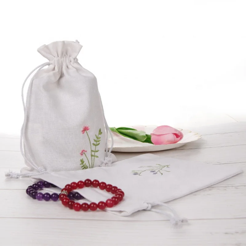 custom.Custom White Cotton Muslin Drawstring Bag Pouch With Embroidery