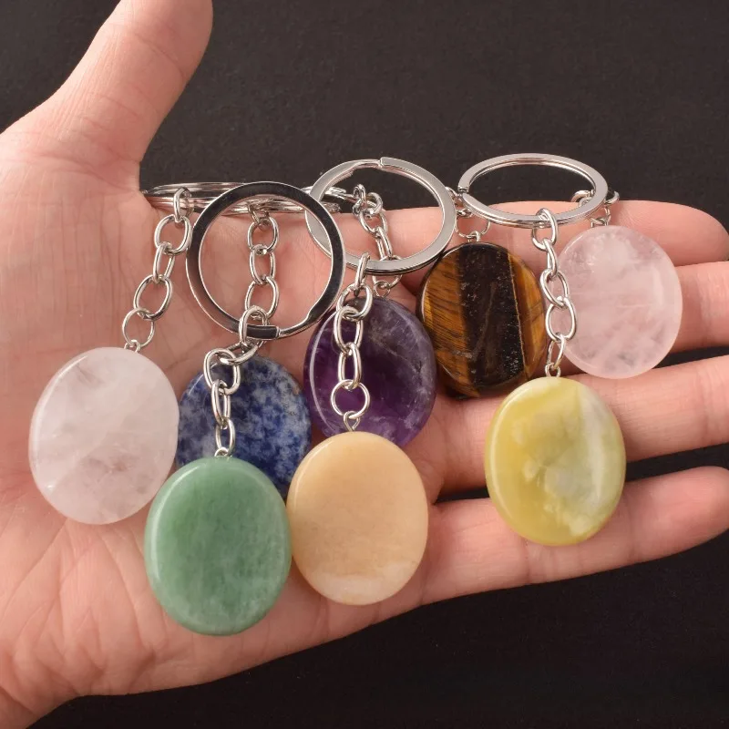 10pcs 25x30mm Thumb Stone Keychain Natural Crysta Amethyst Worry Stone LPendant Keyrings DIY Jewelry Making Charms