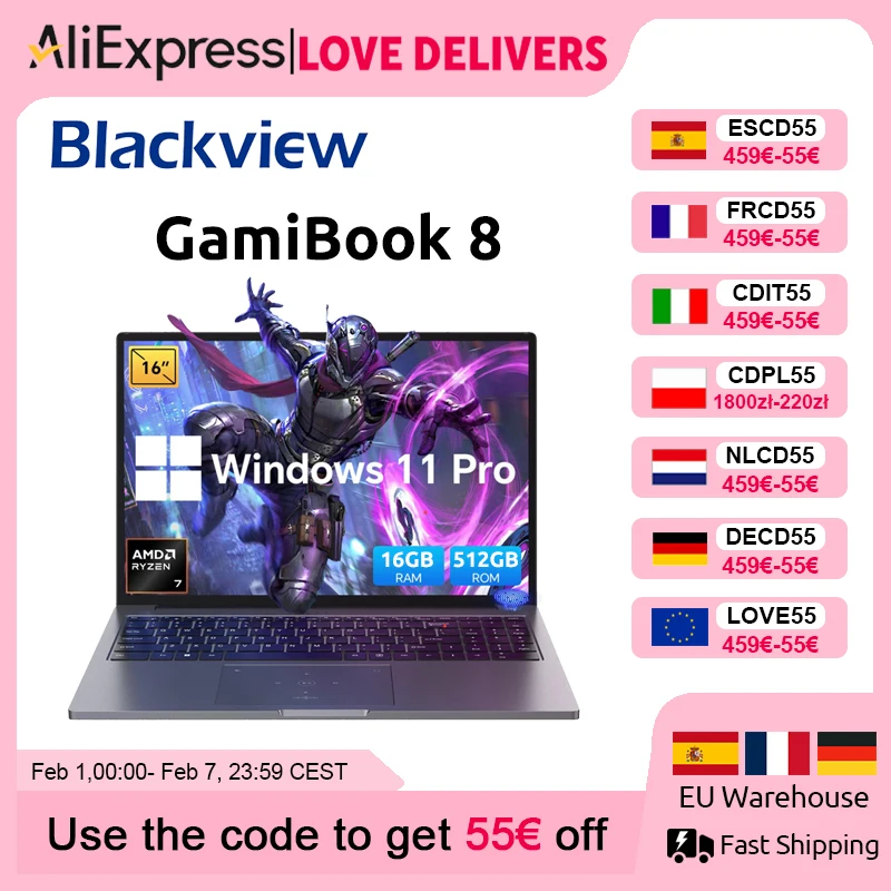 Blackview ‎ GamiBook 8 AMD R7 7735HS 16 "5000 MAH Laptop 16 GB LPDDR5 RAM 512 GB ROM Windows 11Pro BT5.2 Wifi 6 Verlicht toetsenbord