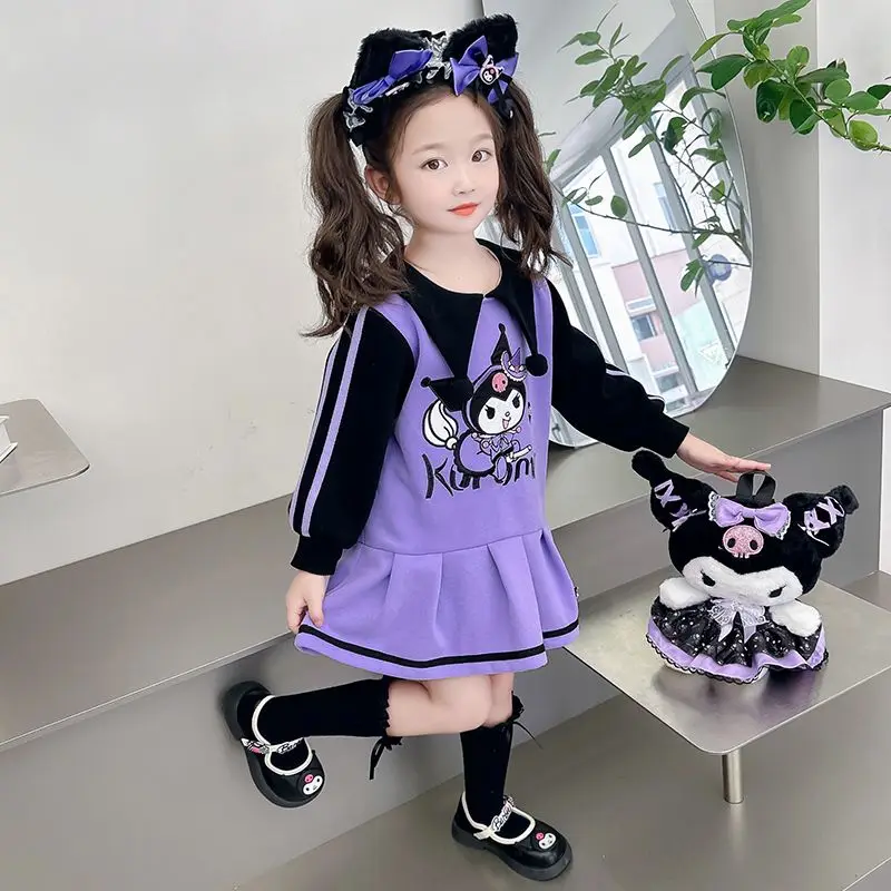 Robe de princesse Sanrios Kuromi pour filles, manches longues, dessin animé, jupe plissée, mode coréenne, cadeau pour enfants, animation douce, automne