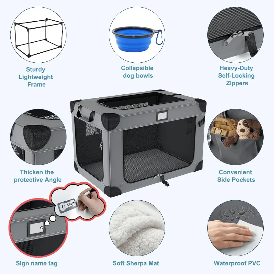 36 Inch Collapsible Dog Crate for Large Dogs with 3Door Design Foldable Soft Kennel Featuring Breathable Mesh Windows Soft Plus