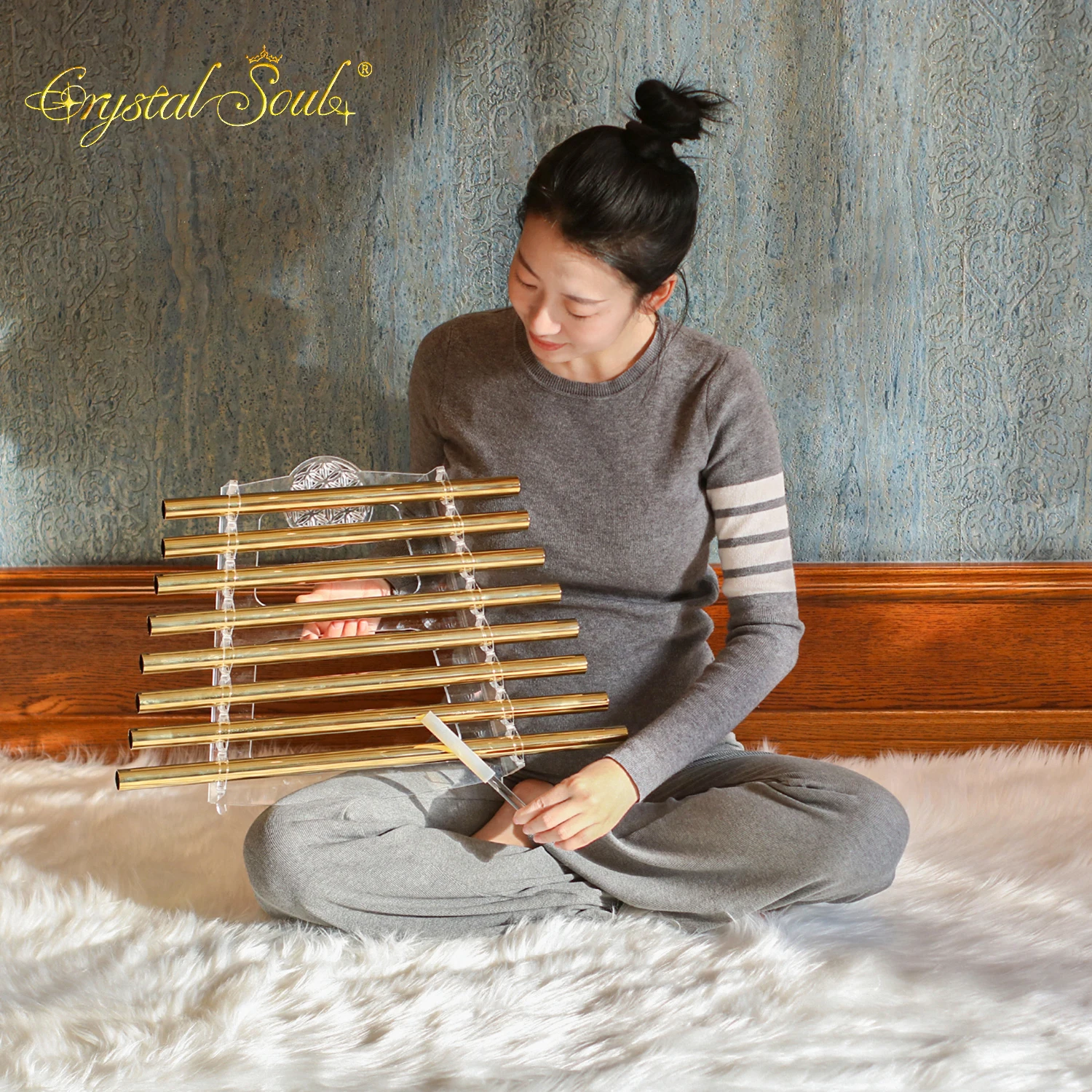 Crystal Soul Golden Crystal Harp Sound Healing Crystal Singing Harp 432Hz With Stand And Case
