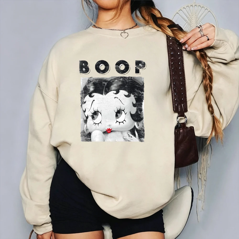 Retro Betty Boop BOOP Distressed Portrait Vintage Cartoon Cotton Crewneck Sweatshirt Unisex Retro Classic Cartoon Casual Jumper