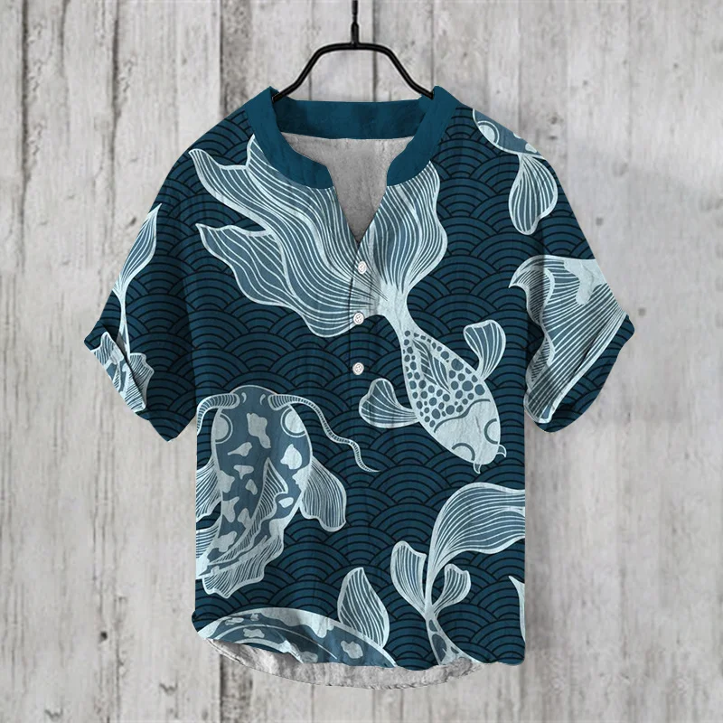 

Men's summer boutique short sleeved shirt, European and American popular style, auspicious fish print pattern, high-quality