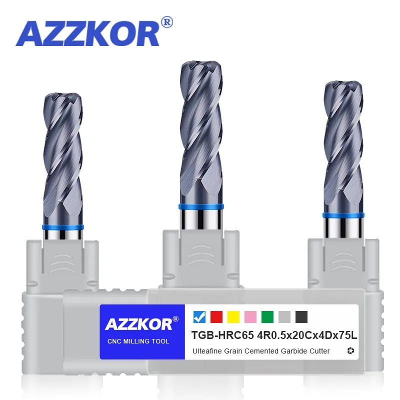 AZZKOR Color-Ring Coating Tungsten Steel Carbide 4F Endmills Round Nose Milling Cutter For CNC Mechanical Tools TGB-HRC65