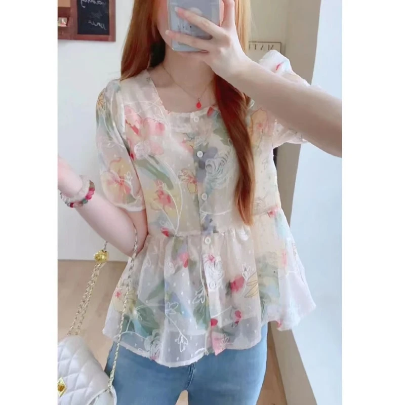 

2024 New Summer Korean Fashion Elegant Bubble Sleeves Blouses Plus Size Square Collar Printed Gauze Button Women's Shirt Top