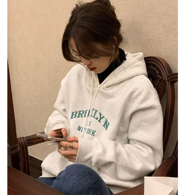 

Women's New White Grey Baggy Fleece Pullover Vintage Pocket Letter Printing Sweatshirt Lazy Casual Raglan Sleeves Hoodie Autumn