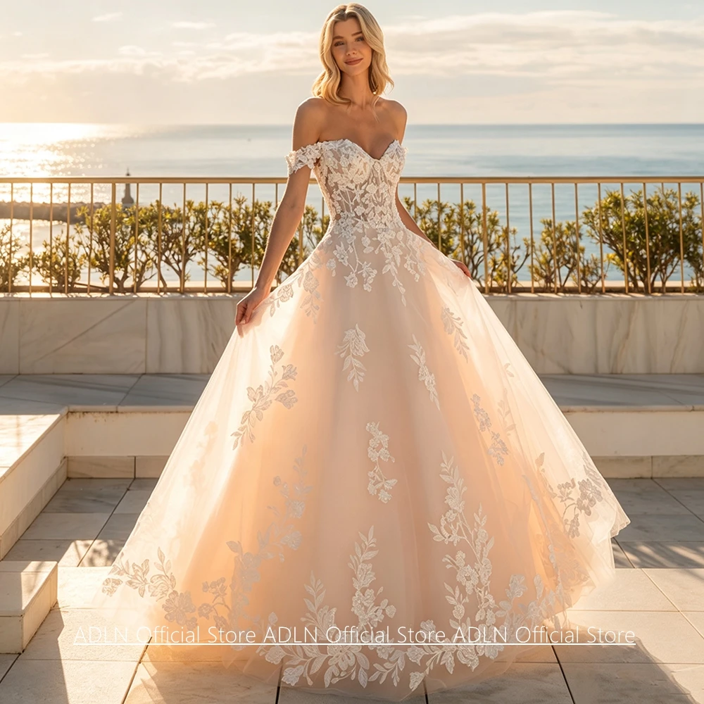 Customized Wedding Dress Sexy Off The Shoulder Sweetheart See Through Applique Court Train Champagne Bridal Gown for Bride