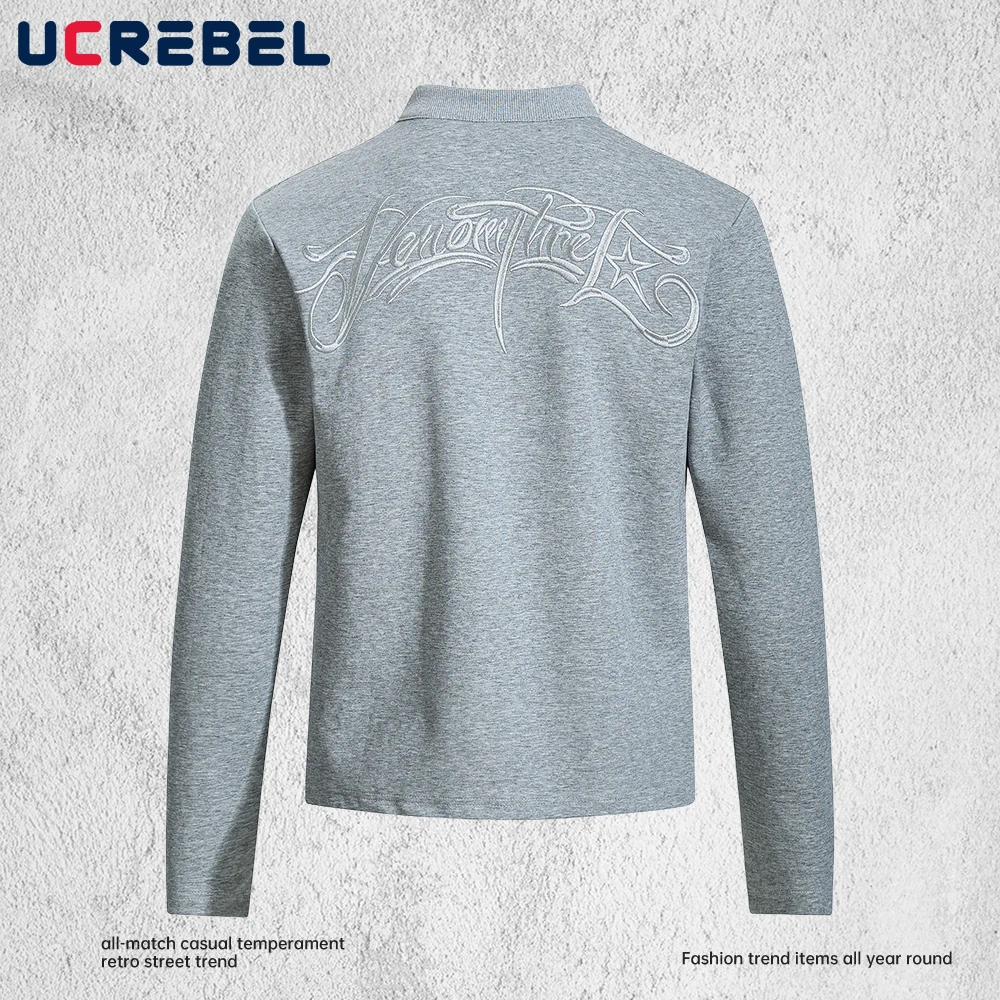 

Футболка с вышивкой букв, мужская осенняя уличная хлопковая футболка с длинным рукавом и воротником на пуговицах, мужская футболка